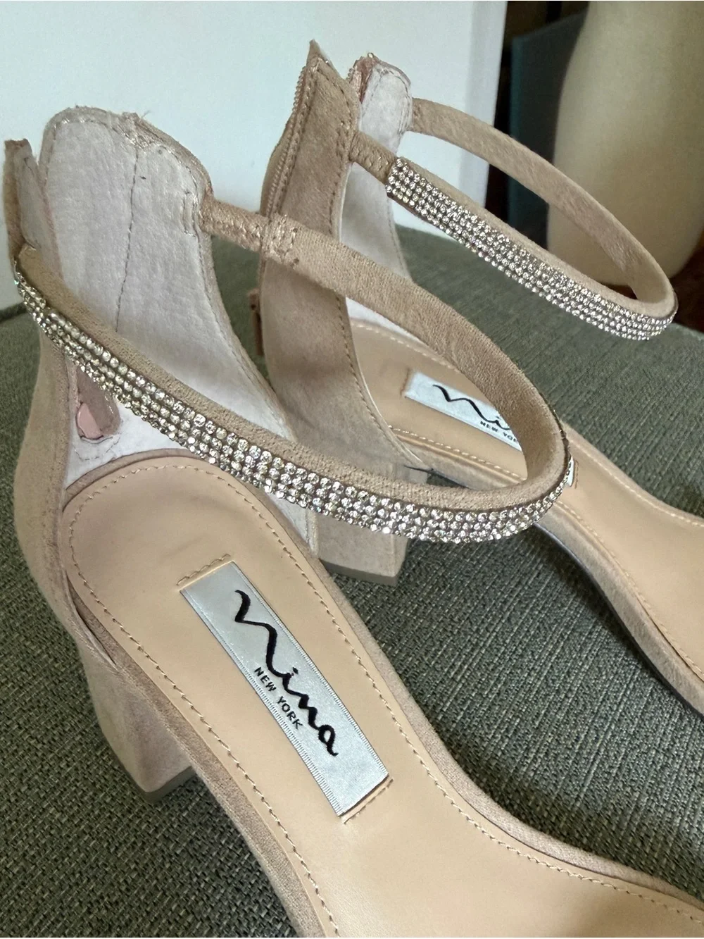 Sparkling Nina Blush Pink Rhinestone Ankle-Strap Block Heel Sandals